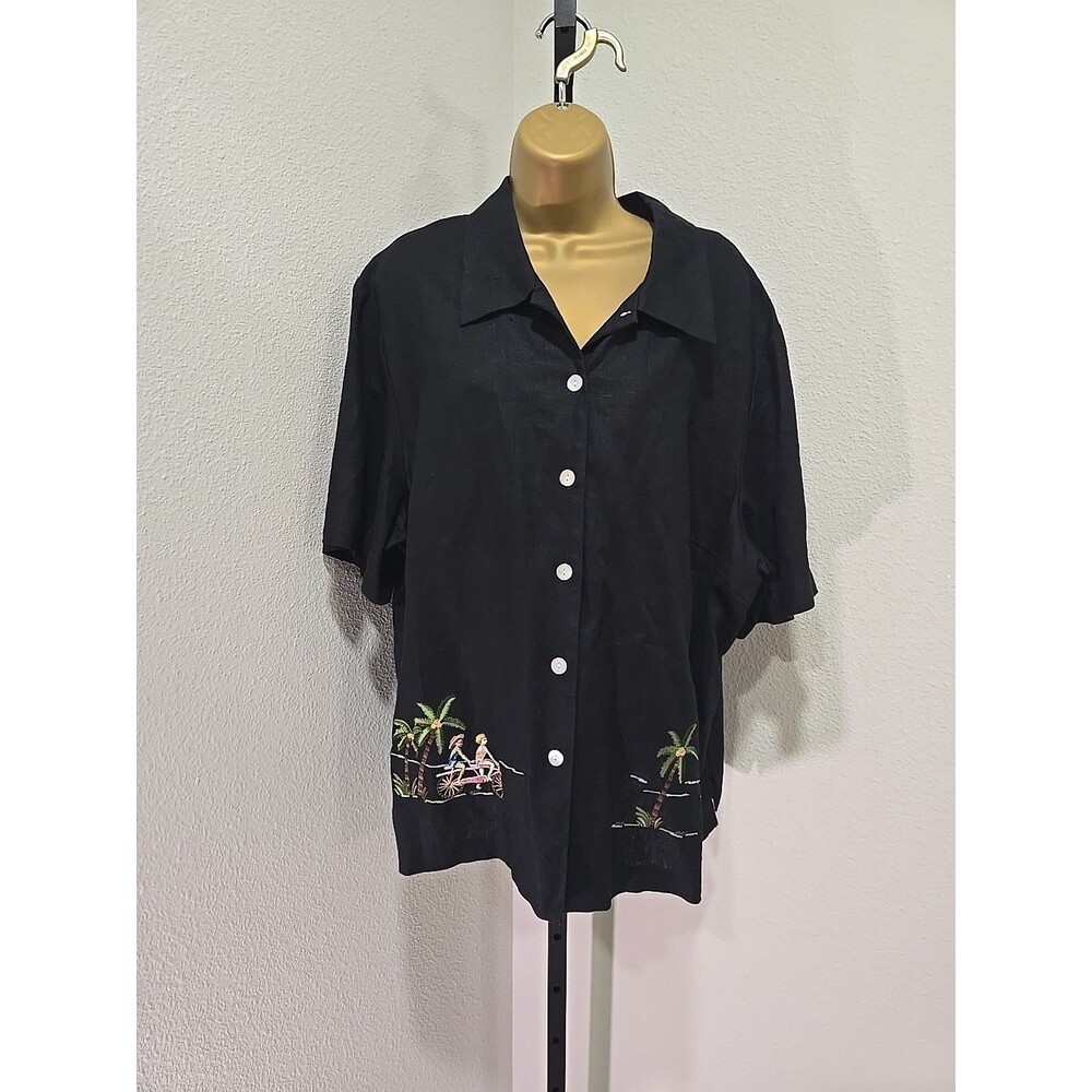 Vtg Linen Blend Button Top Womens Sz 22 Black Embroidered Resort Cottage Coastal